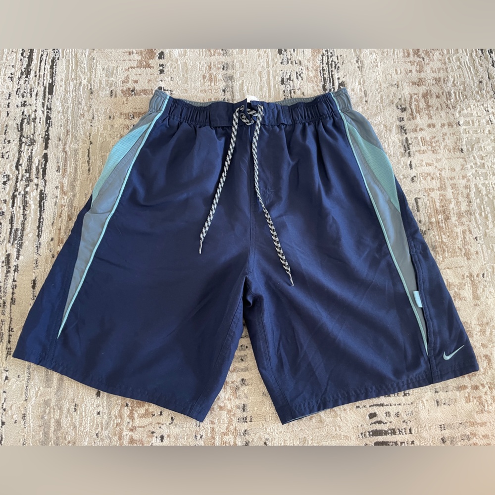 Men Navy Blue Swim Shorts with Light Blue Accents